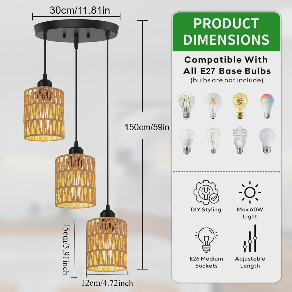 3-Lichts Rotan Hanglamp - Farmhouse Boho Stijl met Wicker Kappen voor Eetkamer, Keuken & Slaapkamer