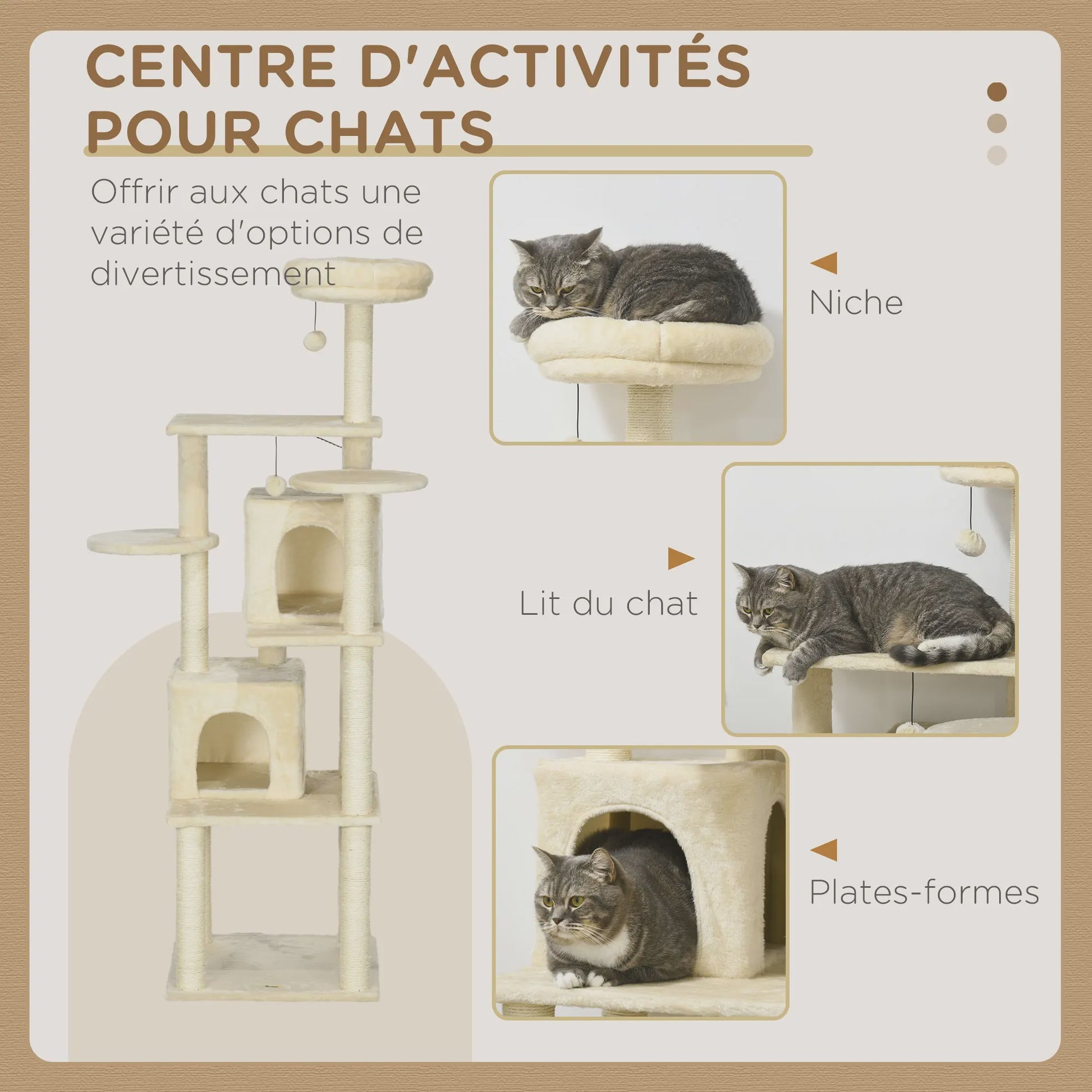 PawHut Luxe Kattenboom met Krabpalen, 6 Plateaus en 2 Knusse Niche Huizen - Beige