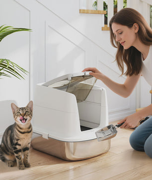 Pawhut Luxe RVS Kattenbak met Klepdeksel, Metalen Schep & Geurfilter - Wit
