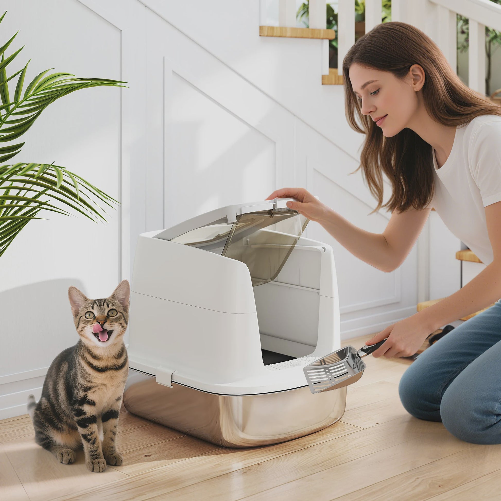 Pawhut Luxe RVS Kattenbak met Klepdeksel, Metalen Schep & Geurfilter - Wit