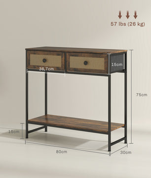Sfeervolle Console Tafel met Open Plank en 2 Rotan Lades - Rustiek Bruin 80x30x75 cm