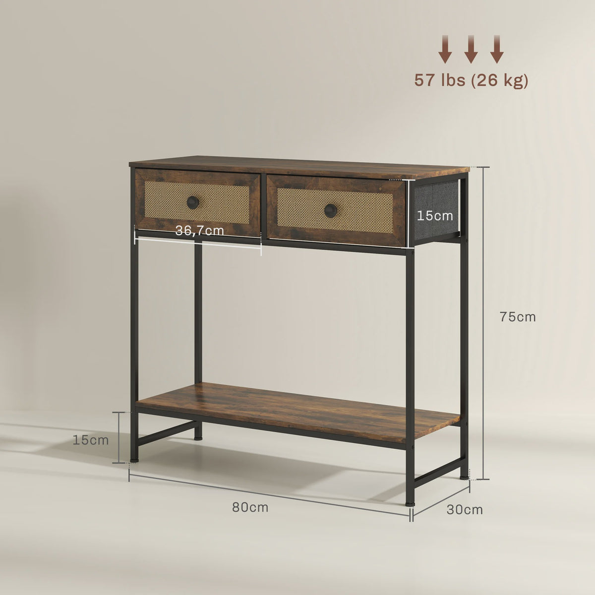 Sfeervolle Console Tafel met Open Plank en 2 Rotan Lades - Rustiek Bruin 80x30x75 cm