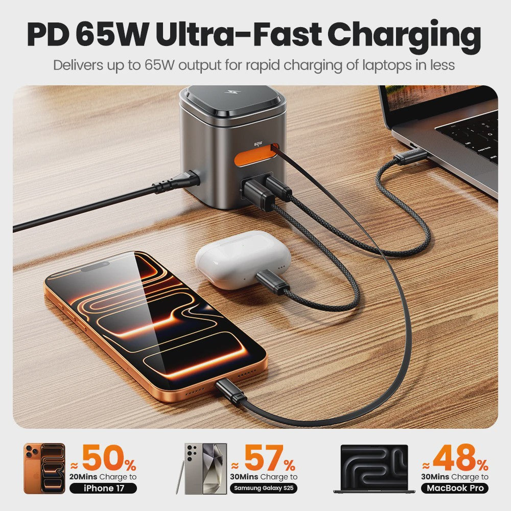 Toocki 80W GaN 6-in-1 Oplaadstation: MagSafe, 65W PD & Intrekbare Kabel