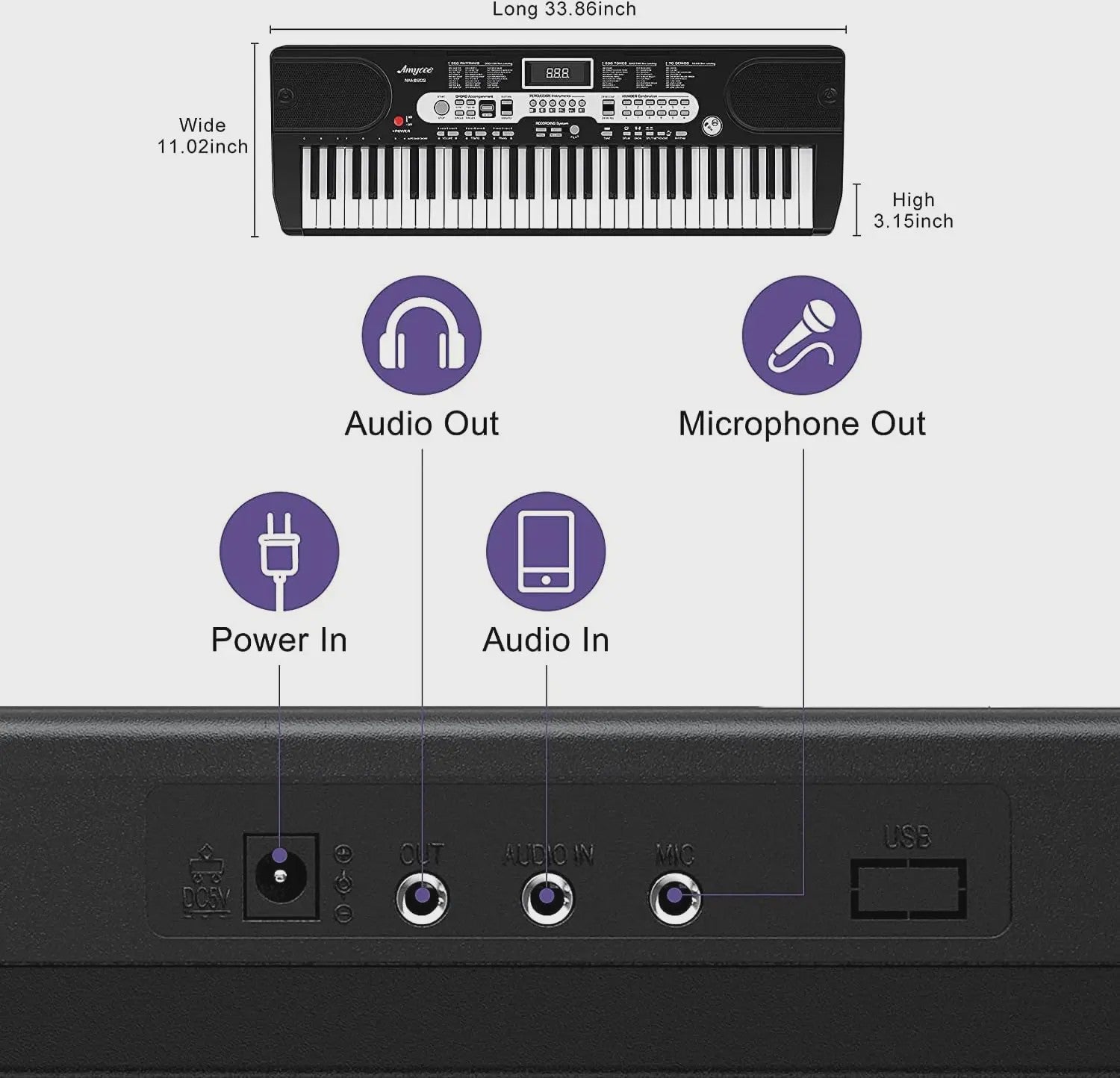 61-Toetsen Beginners Digitale Piano Keyboard Set met Microfoon, Koptelefoon, Standaard en Kruk