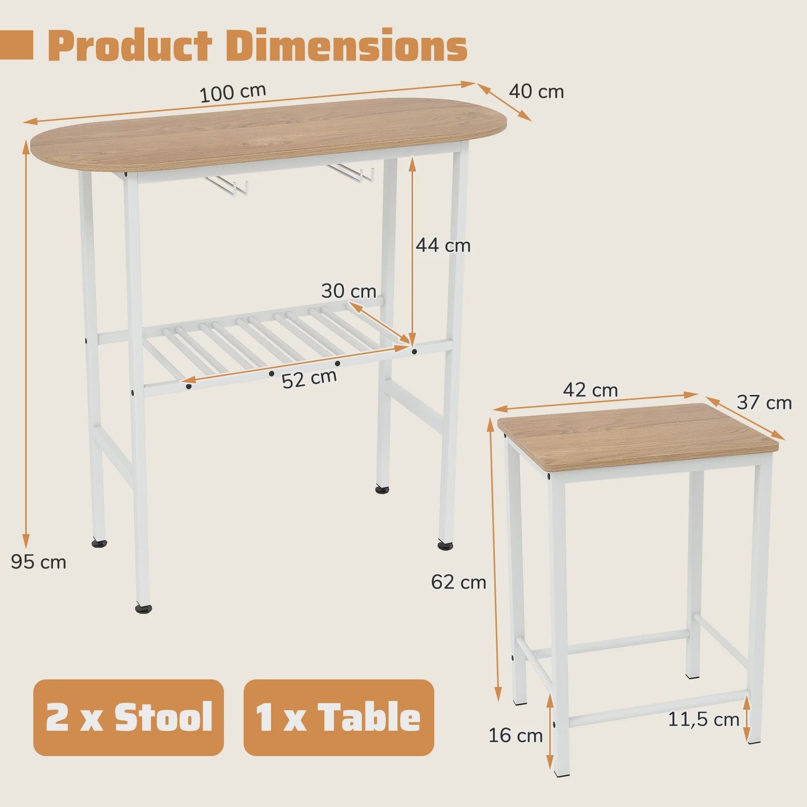 Compacte Bartafel Set met 2 Barkrukken, Wijnglashouders en Flessenrek - Ideaal voor Keuken of Eethoek