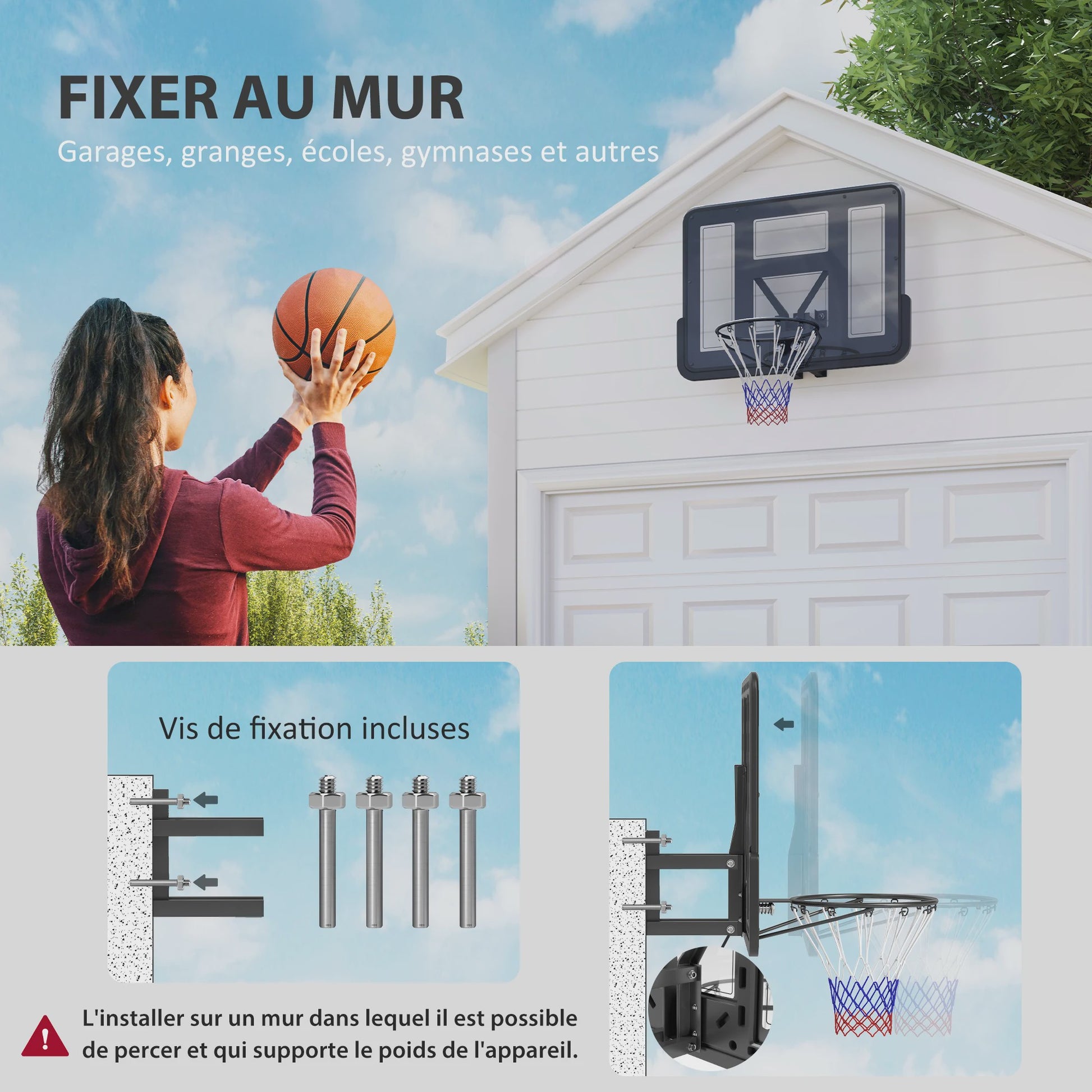 SPORTNOW Wandmontage Basketbalring met Onbreekbaar Bord, Stalen Ring en Scheurvast Net - Zwart