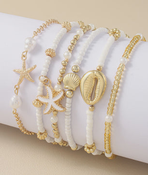 Set van 5 Vintage Kralen Armbanden met Sterren en Schelpen - Zomerse Beach Party Stijl