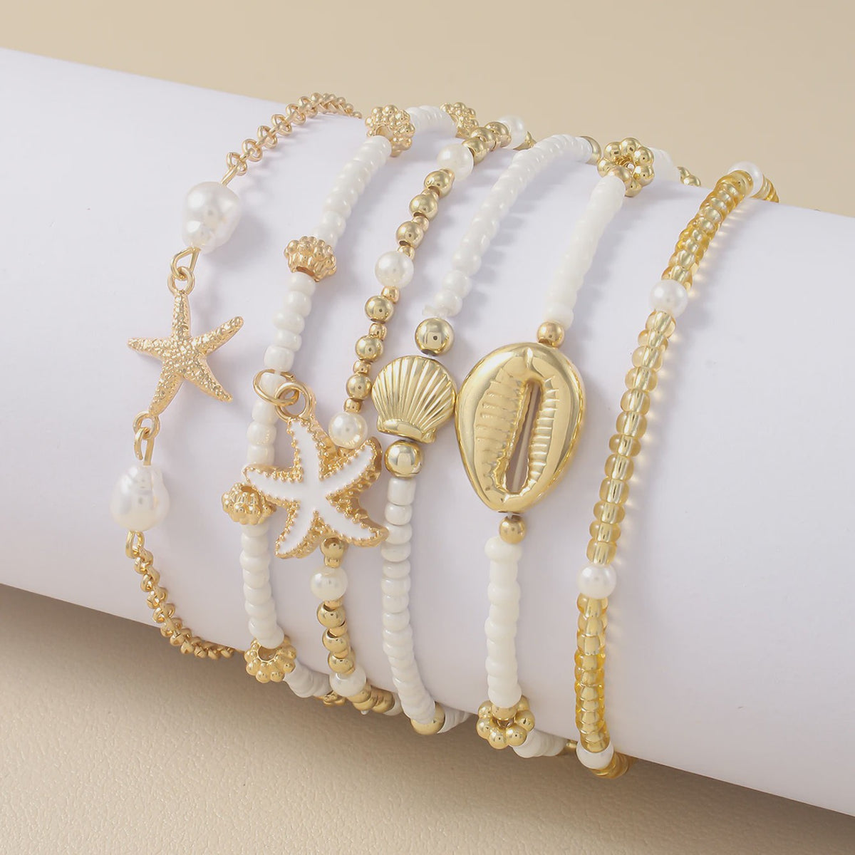 Set van 5 Vintage Kralen Armbanden met Sterren en Schelpen - Zomerse Beach Party Stijl