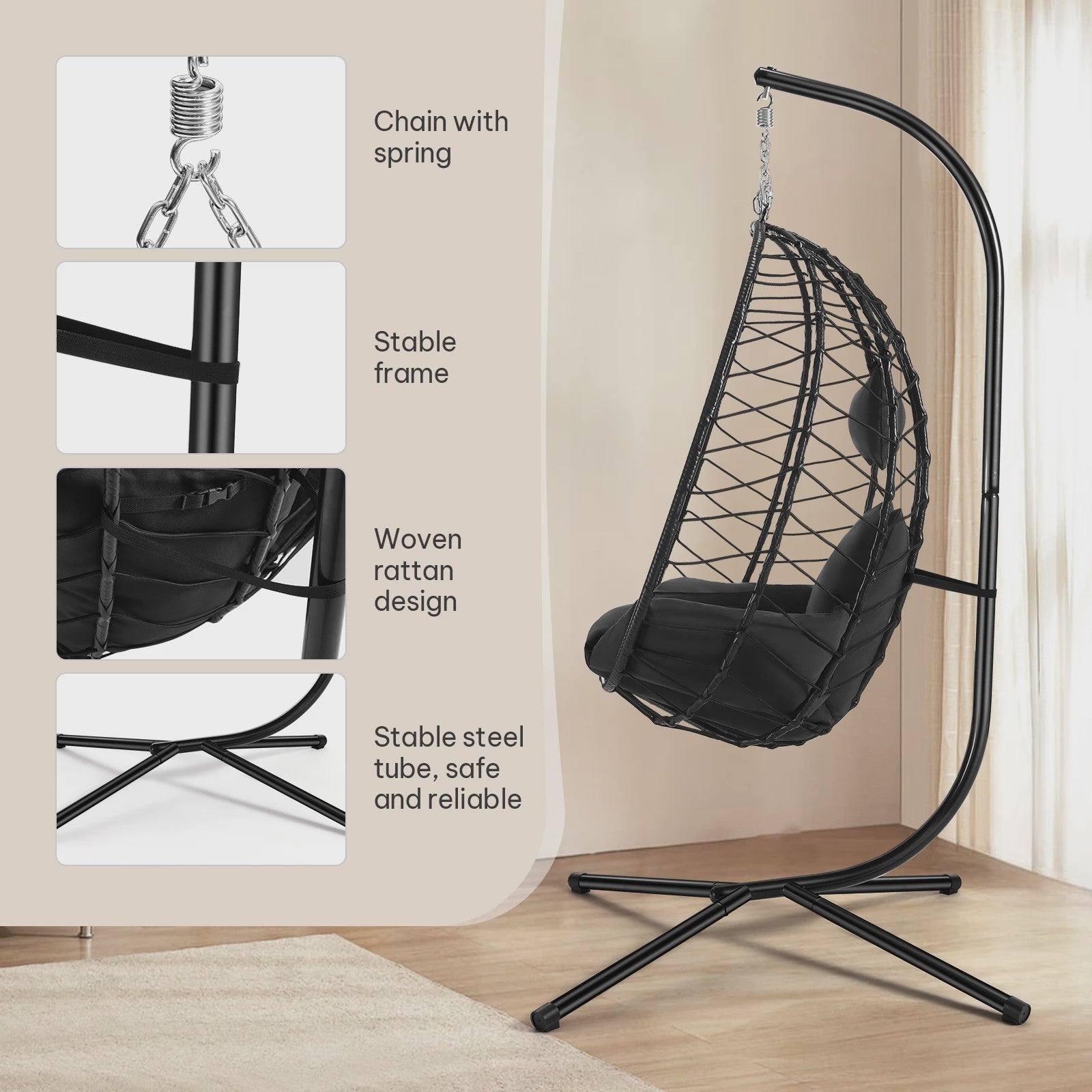 EUGAD Hangende Ei Stoel met Metalen Standaard - Comfortabele Schommelstoel voor Tuin & Balkon (150 kg)