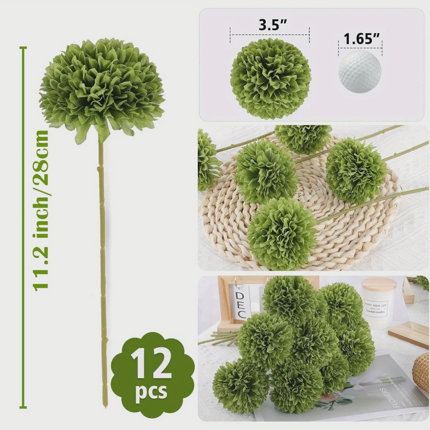 12x Kunst Bolchrysanten Groen - Decoratieve Kunstbloemen voor Huis & Feest