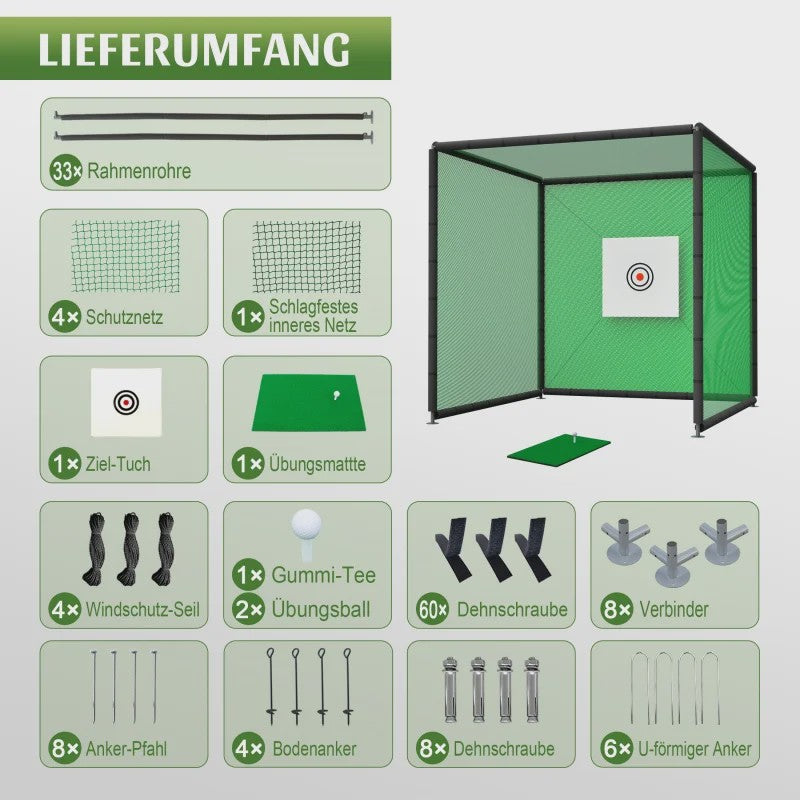 Golf Oefennet 300x300x300 cm met Mat, Balstand en Stalen Frame