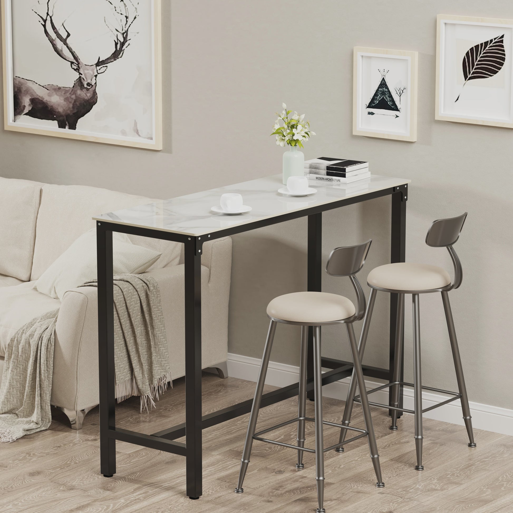 Sintered Stone Bartafel Wit Rechthoekig 120cm - Counter Height Pub Tafel met Zwart Metaal Frame