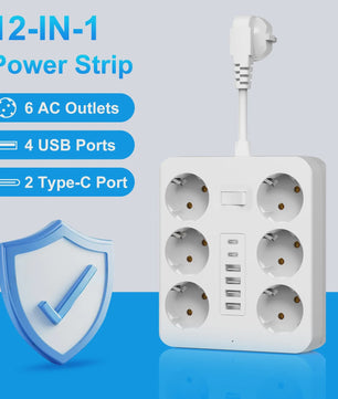 Universele Wandcontactdoos Verlengstuk met 6 AC, 4 USB-A & 2 USB-C Poorten