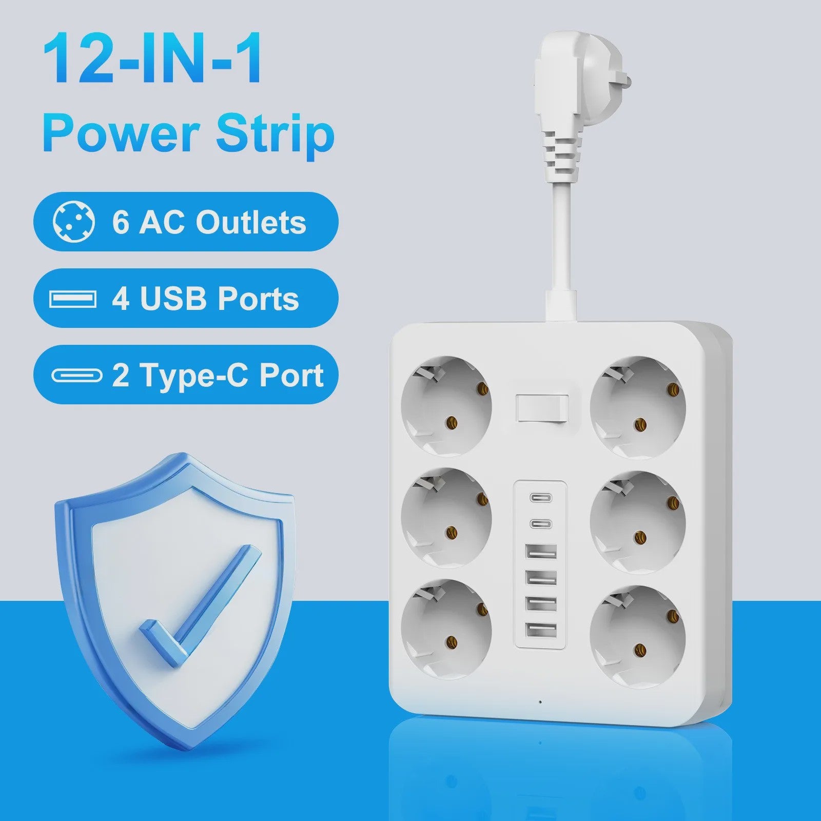Universele Wandcontactdoos Verlengstuk met 6 AC, 4 USB-A & 2 USB-C Poorten