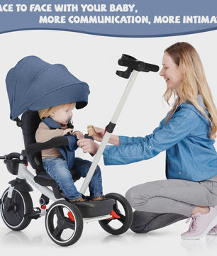6-in-1 Opvouwbare Kinderdriewieler met Verstelbare Duwstang, Veiligheidsharnas en Zonnekap