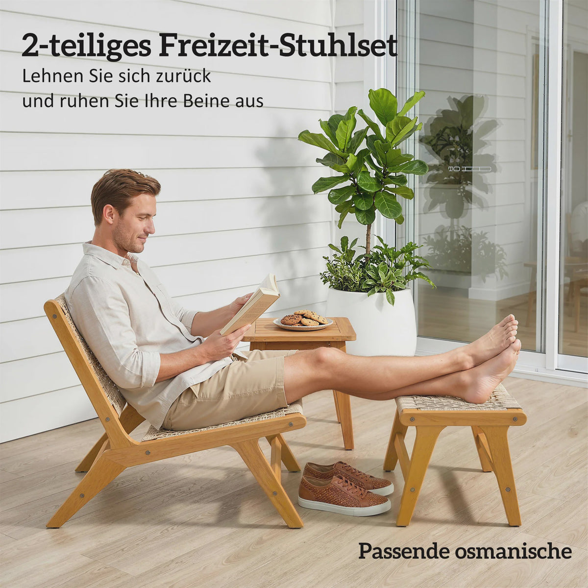 Outsunny Loungeset 2-delig: Acacia Houten Tuinstoel met Voetenbankje
