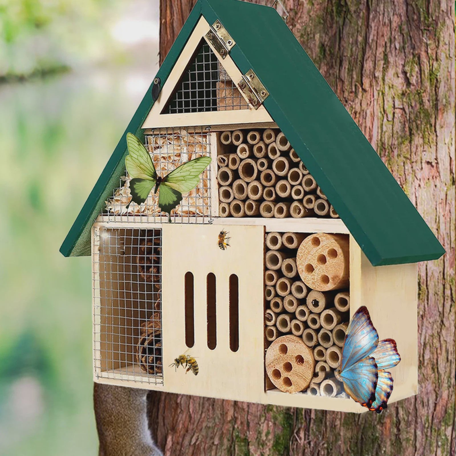 Houten Bijenhotel en Insectenhotel - Weerbestendig - Tuindecoratie voor Bijen, Lieveheersbeestjes en Vlinders