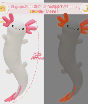 Glow-in-the-dark Axolotl Knuffelkussen 122cm - Magisch Pluche Kussen met Lichtgevende Oren, Cadeau voor Kinderen & Tieners