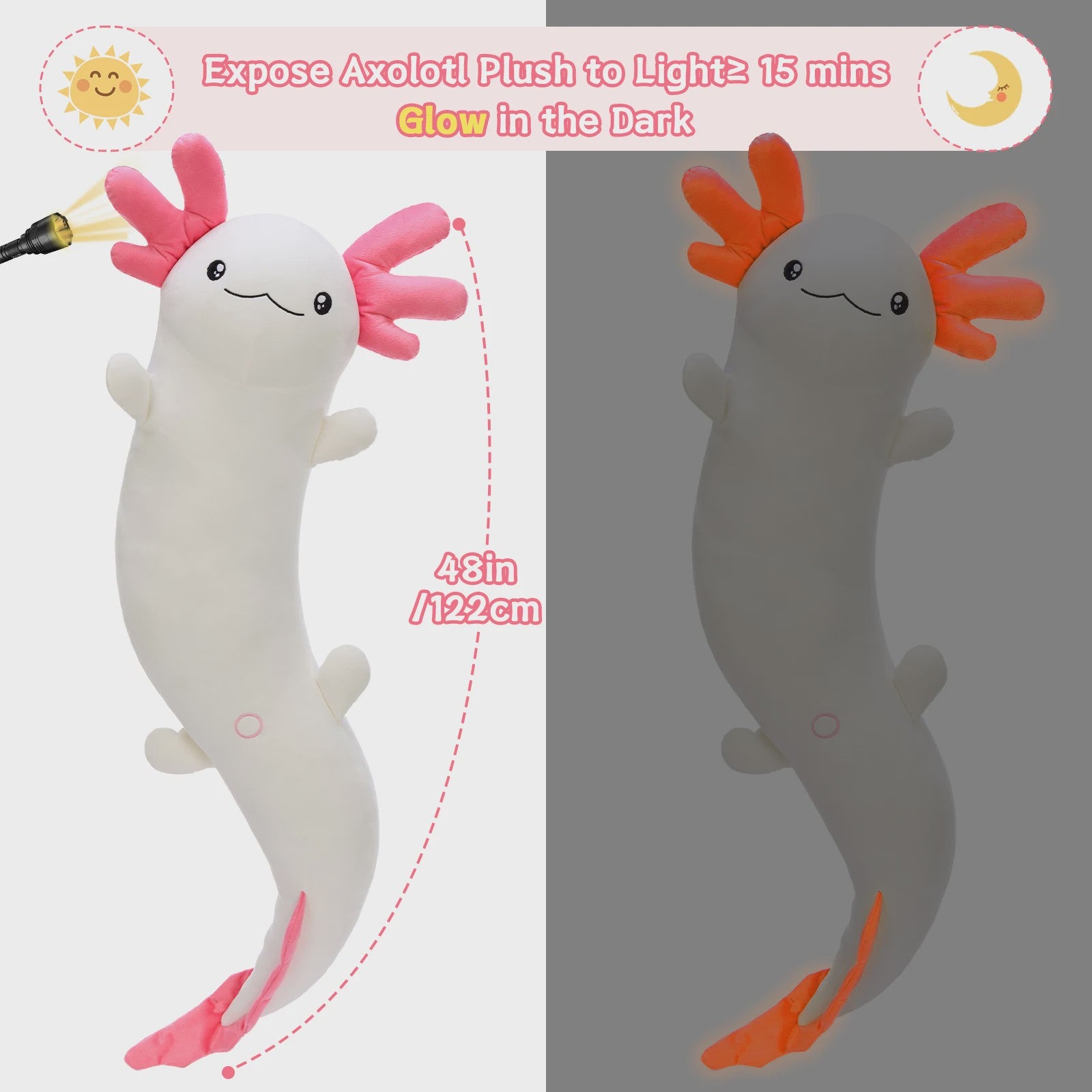 Glow-in-the-dark Axolotl Knuffelkussen 122cm - Magisch Pluche Kussen met Lichtgevende Oren, Cadeau voor Kinderen & Tieners