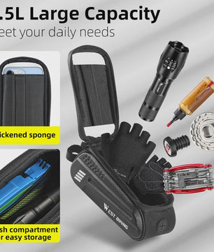WEST BIKING Fietsstuurtas 7 inch Waterdicht Frame Tas met Touchscreen & 1.5L Capaciteit