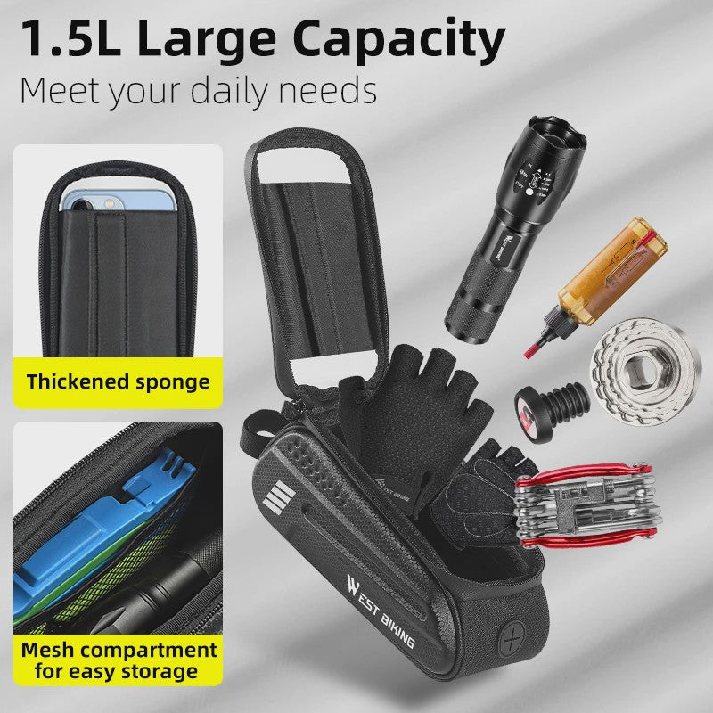 WEST BIKING Fietsstuurtas 7 inch Waterdicht Frame Tas met Touchscreen & 1.5L Capaciteit