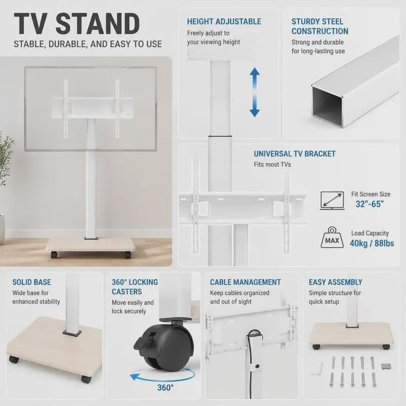 Verrijdbare TV Standaard met Draaibare Mount, In Hoogte Verstelbaar & Plank