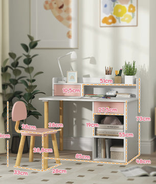 Kinderbureau met Stoel - Roze & Wit Bureau met Lades, Vakken en Planken - Ideaal voor Kinderkamer