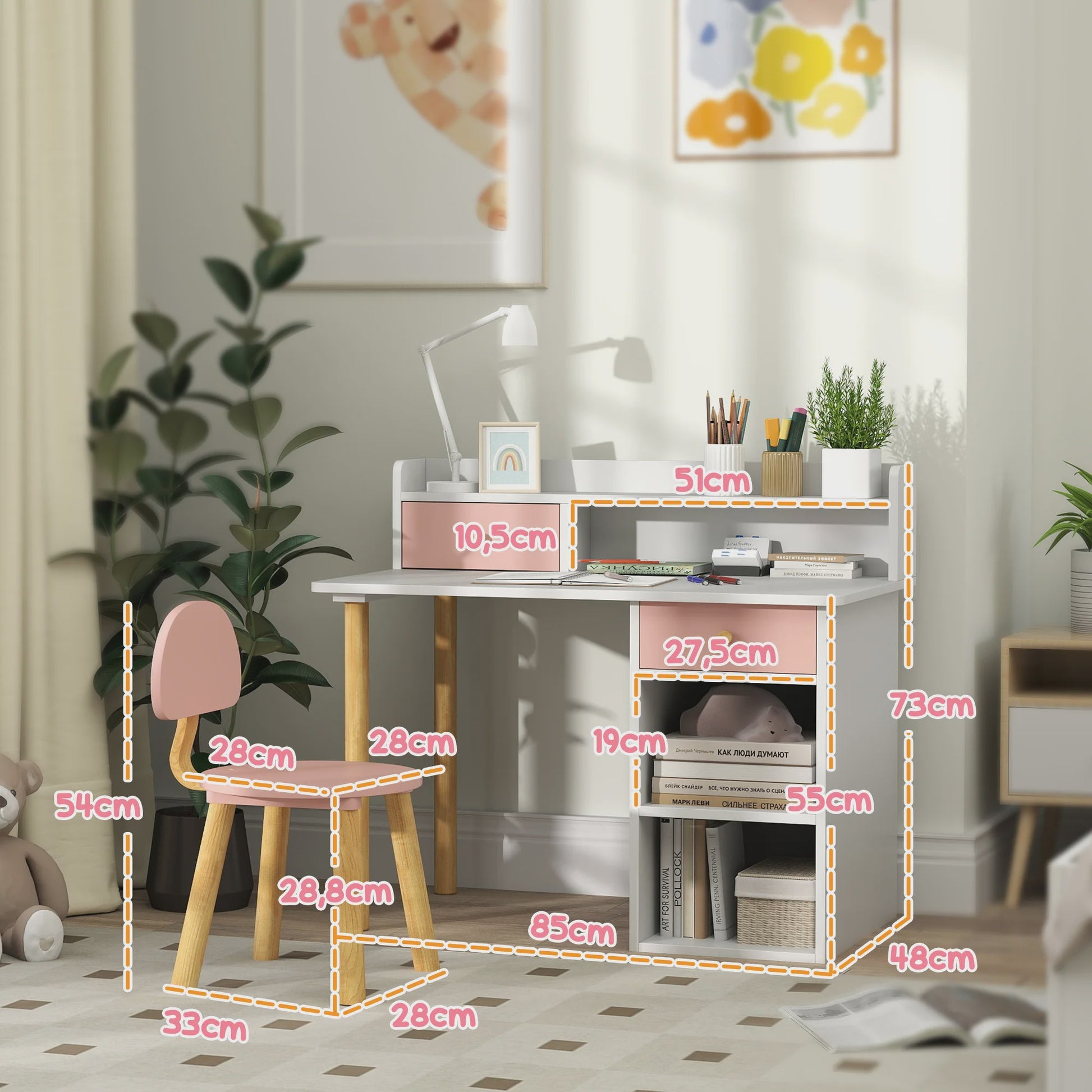 Kinderbureau met Stoel - Roze & Wit Bureau met Lades, Vakken en Planken - Ideaal voor Kinderkamer