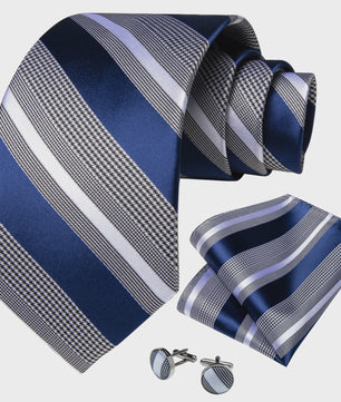 Luxe Blauwe Gestreepte Heren Das Set met Pochet & Manchetknopen - 8cm Breed
