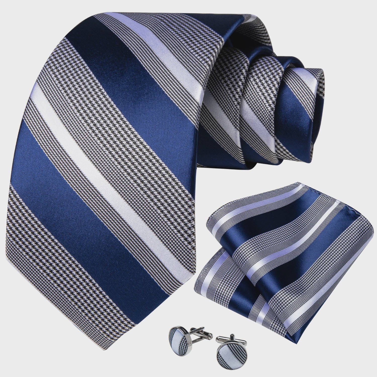 Luxe Blauwe Gestreepte Heren Das Set met Pochet & Manchetknopen - 8cm Breed