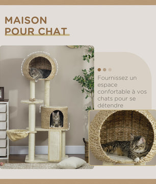 PawHut Kattenboom met Krabpaal, 2 Niche Huizen, Platform, Hangmat & Waterhyacint Mand - 60x60x150 cm Beige