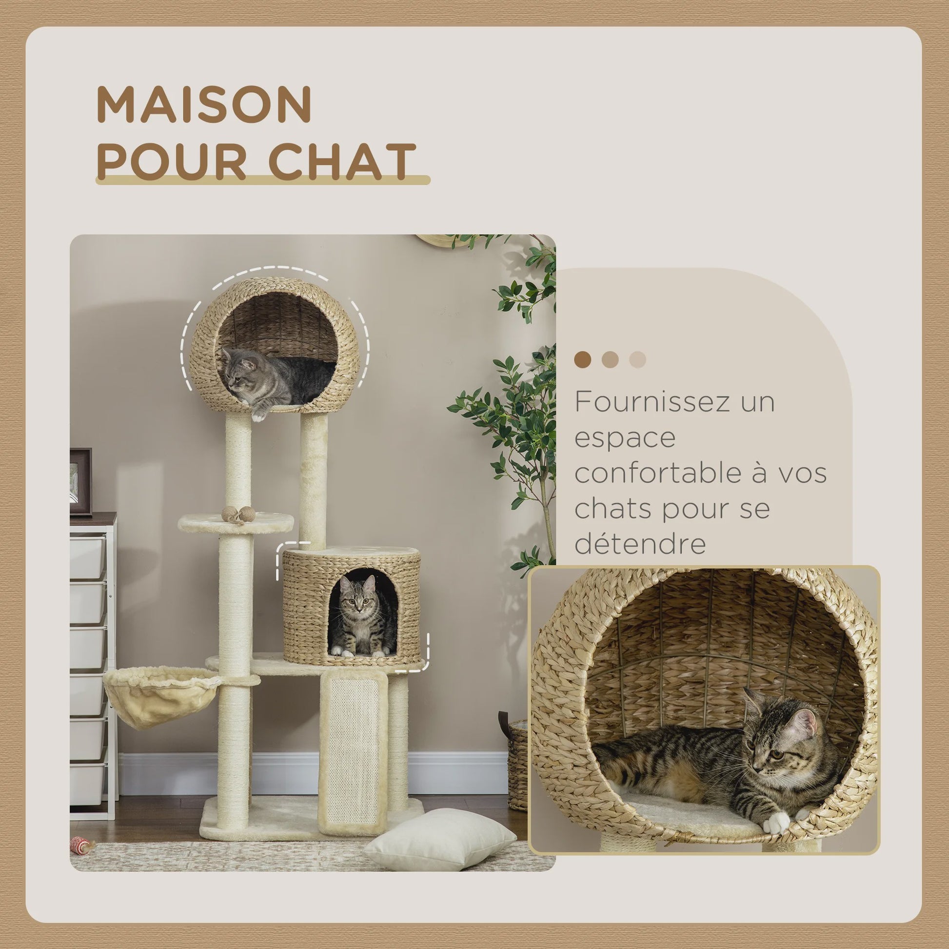 PawHut Kattenboom met Krabpaal, 2 Niche Huizen, Platform, Hangmat & Waterhyacint Mand - 60x60x150 cm Beige