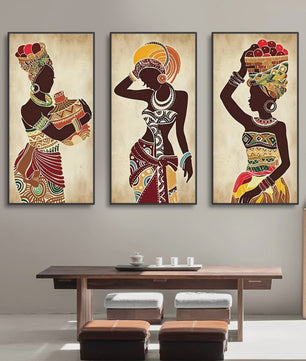 Set van 3 Afrikaanse Vrouwen Canvas Schilderijen - Vintage Wanddecoratie