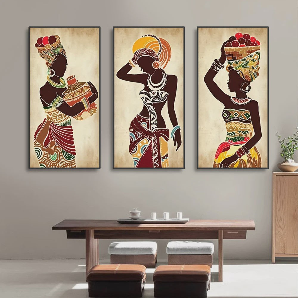 Set van 3 Afrikaanse Vrouwen Canvas Schilderijen - Vintage Wanddecoratie