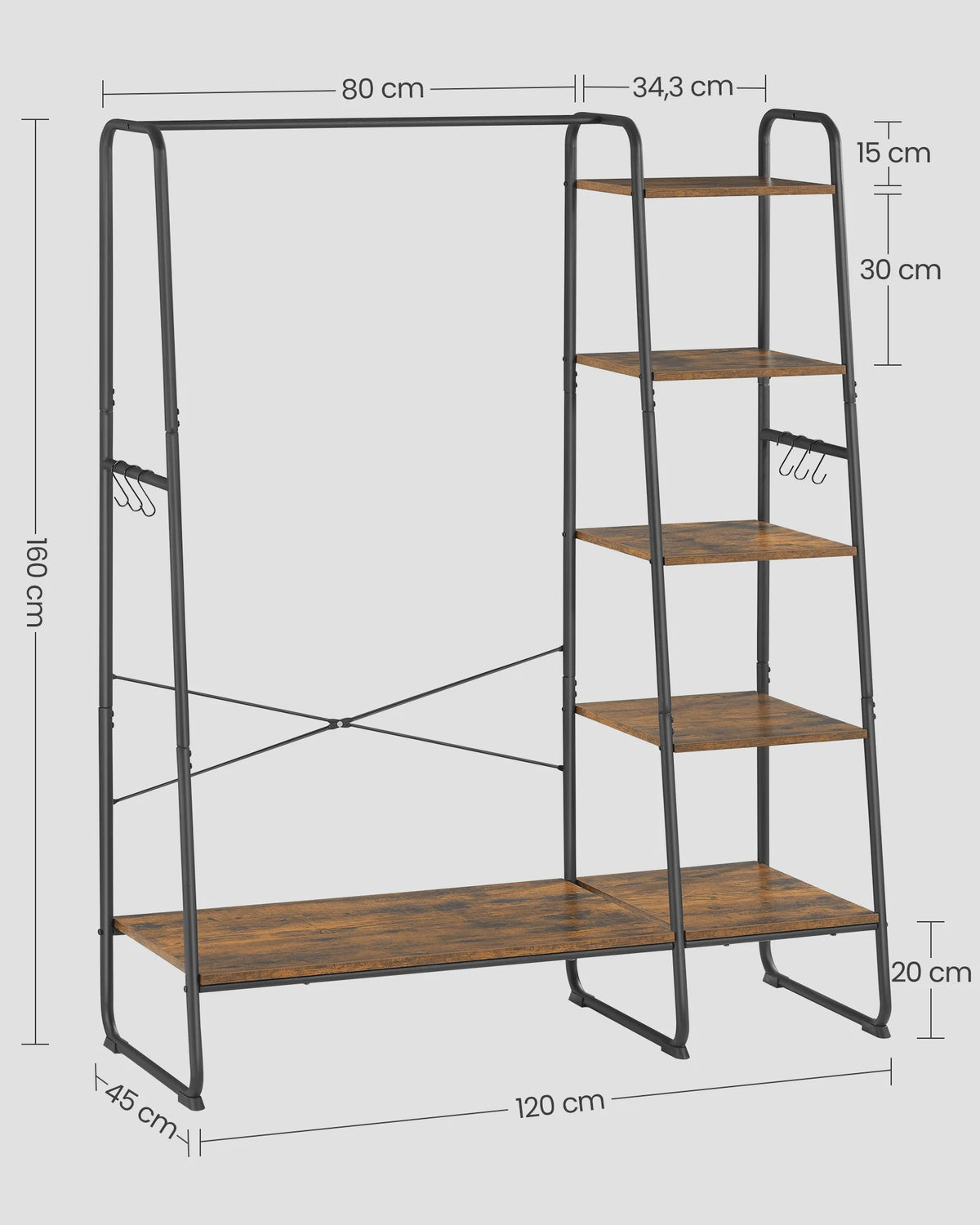 Stijlvol Kledingrek met Hangroede, Schoenenplank en 6 Afneembare Haken - Industriële Look