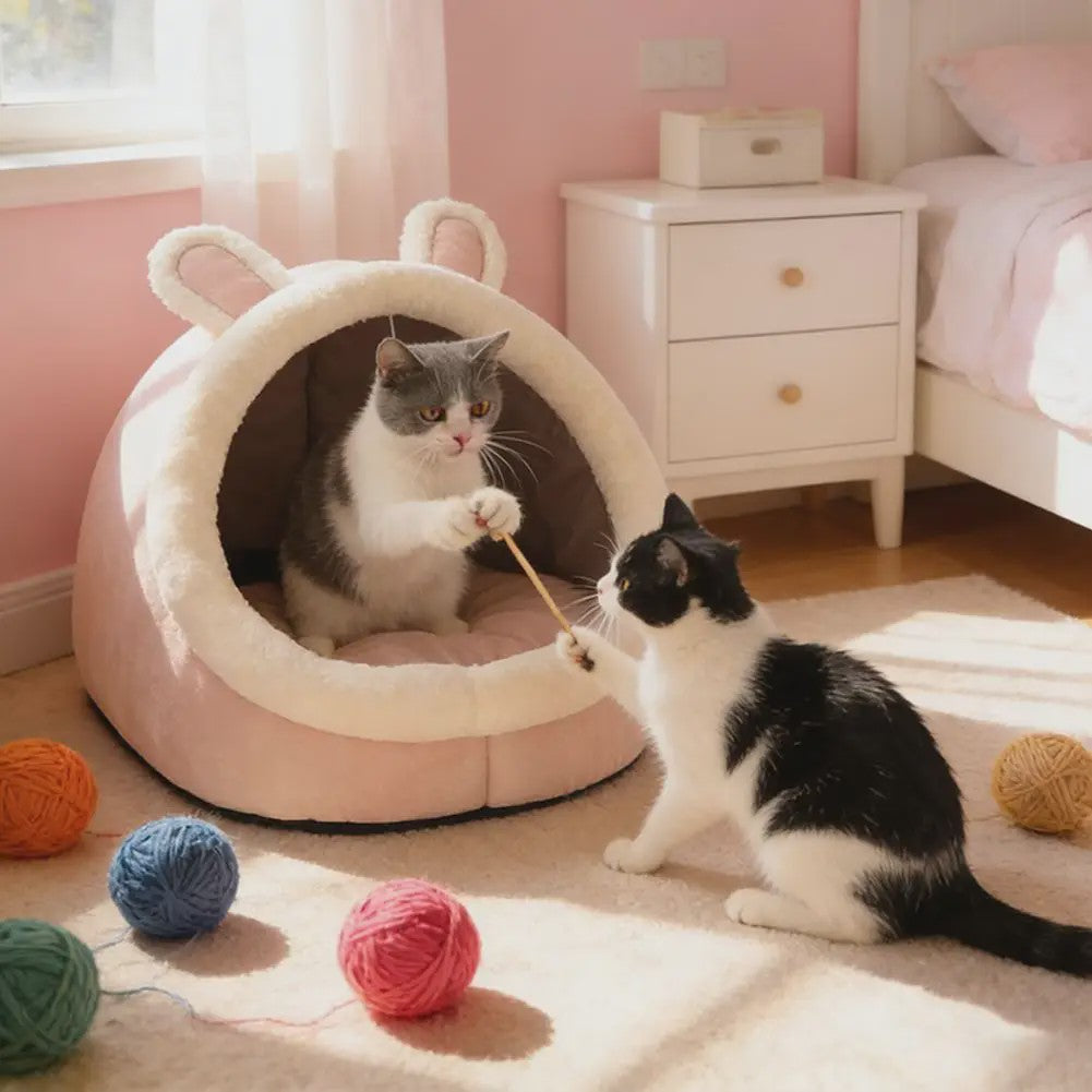 Schattig Cartoon Katten- en Hondenhok - Opvouwbaar, Wasbaar & Comfortabel Slaapbed