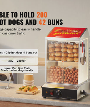 Professionele Hotdog Stoomoven & Broodjeswarmer - 36L, 2 Etages, Temperatuurregeling