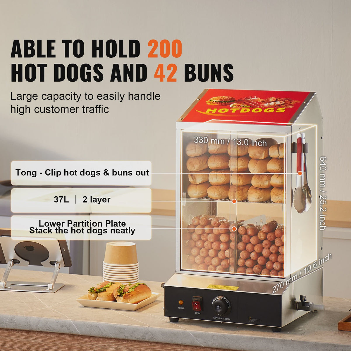 Professionele Hotdog Stoomoven & Broodjeswarmer - 36L, 2 Etages, Temperatuurregeling