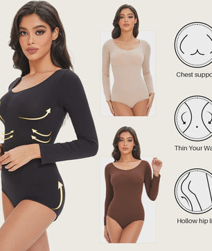 POKARLA Spandex Elastic Body Suit Shapewear Women Body Shaper Tummy Control Long Sleeve Open Crotch Round Neck Seamless Shapers