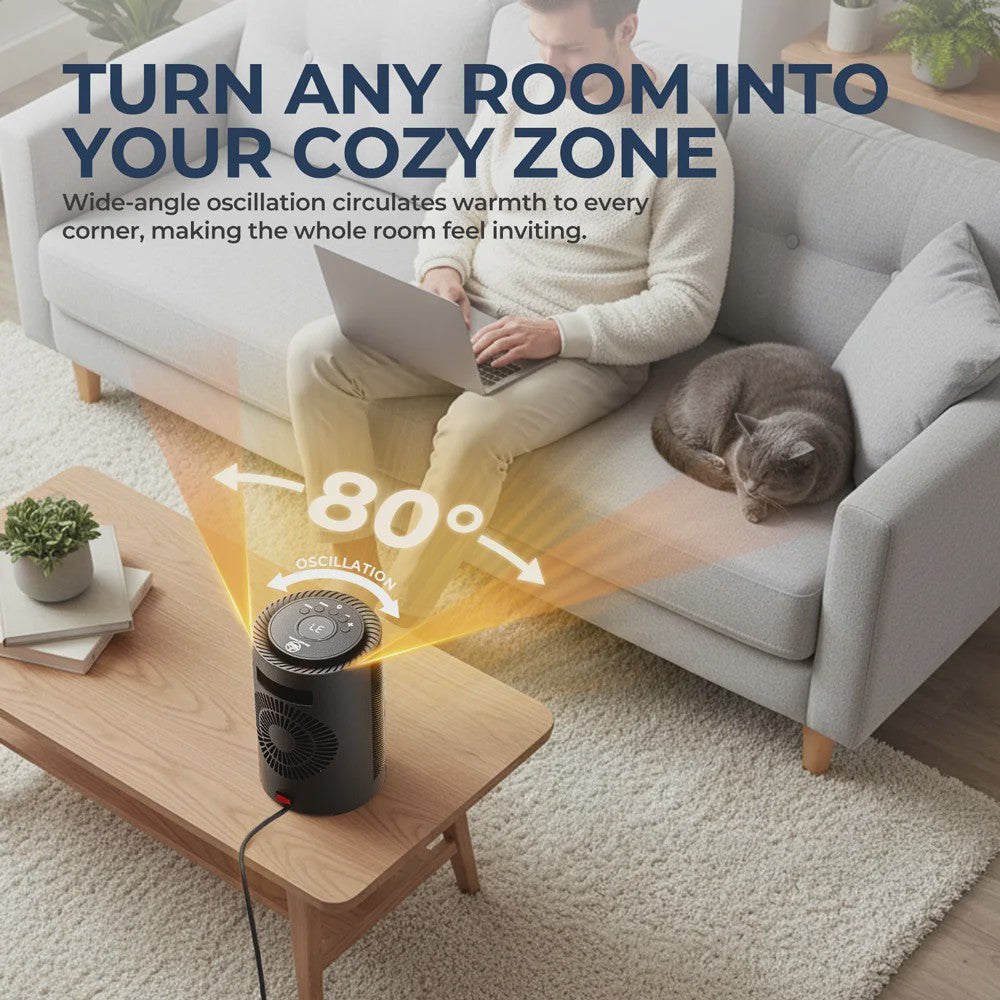 ROUNY Draagbare Elektrische Kachel met 80° Oscillatie - 1200W PTC Keramische Ventilator