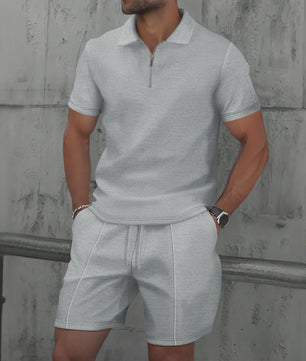 Zomerse Wafel Set: Poloshirt met Rits en Shorts