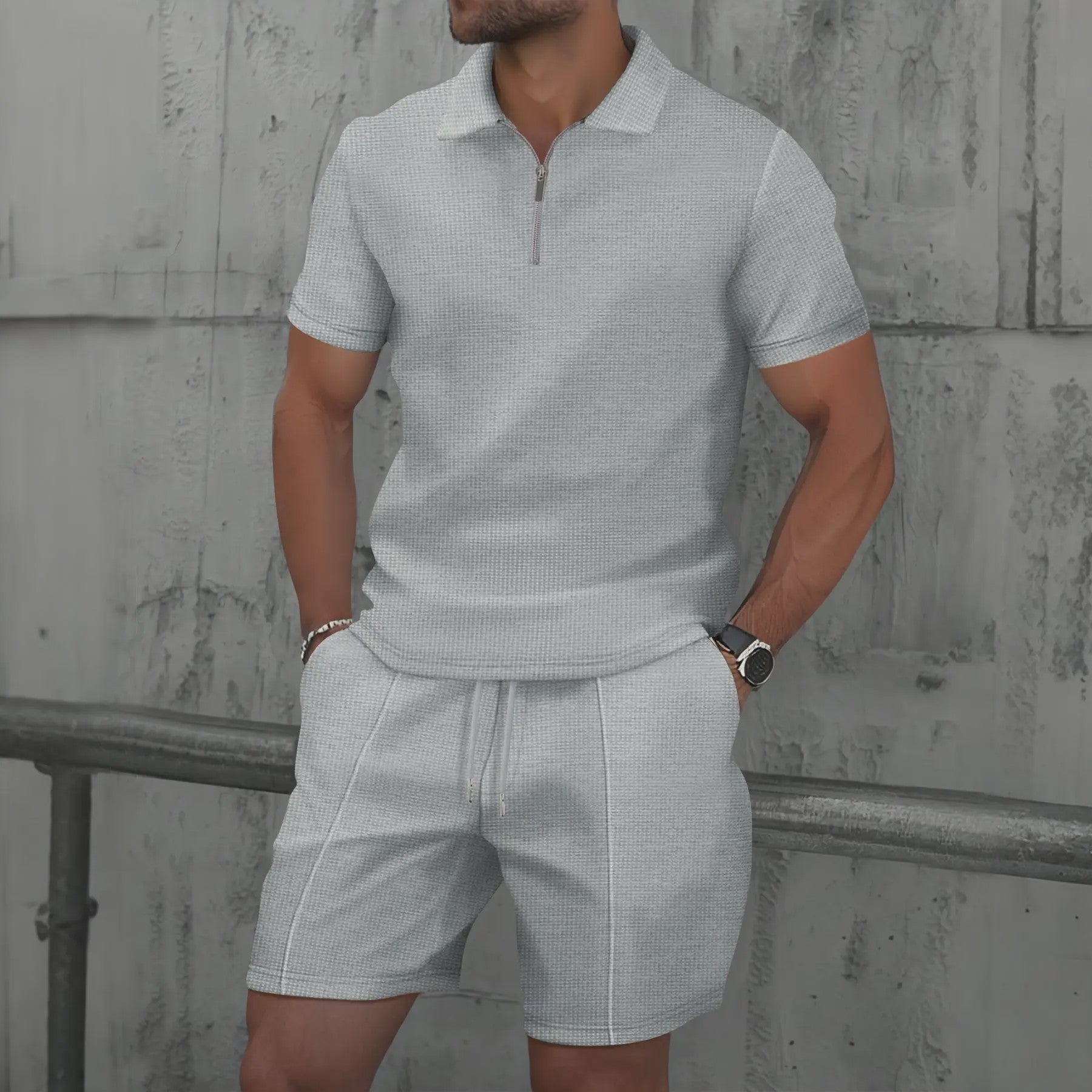 Zomerse Wafel Set: Poloshirt met Rits en Shorts