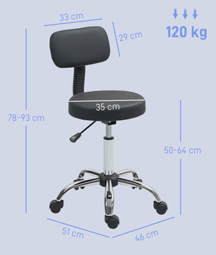 Zwarte Draaibare Kruk met Wielen en Rugleuning - In hoogte Verstelbaar (78-93 cm)