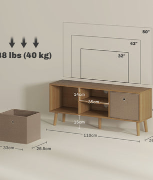 Stijlvolle TV Meubel met 2 Lades en Open Vakken - 110cm Breed - Houtkleurig & Bruin - Tot 50 Inch TV