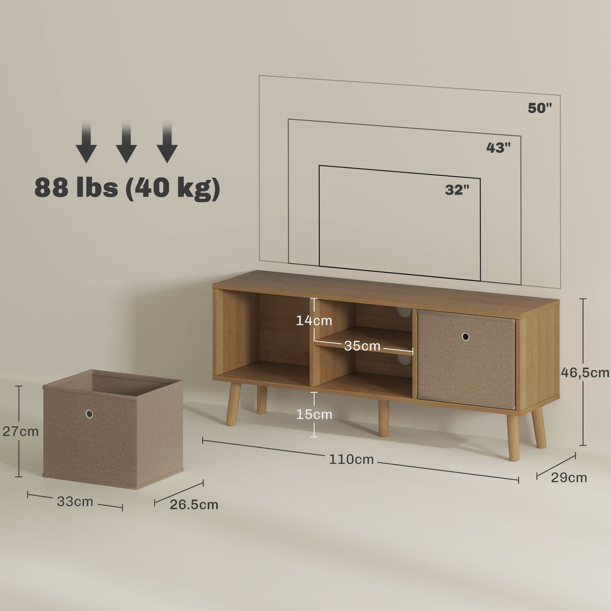 Stijlvolle TV Meubel met 2 Lades en Open Vakken - 110cm Breed - Houtkleurig & Bruin - Tot 50 Inch TV