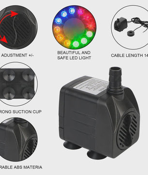 Waterdichte Dompelpomp Fontein met 12 LED Verlichting voor Aquarium, Vijver & Vogelbad - Stil & Krachtig