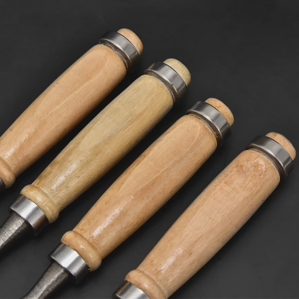 Professionele Houtsnijbeitel Set (4 stuks) - 6/12/18/24mm, Chroom-Vanadium Staal met Beukenhouten Handvatten