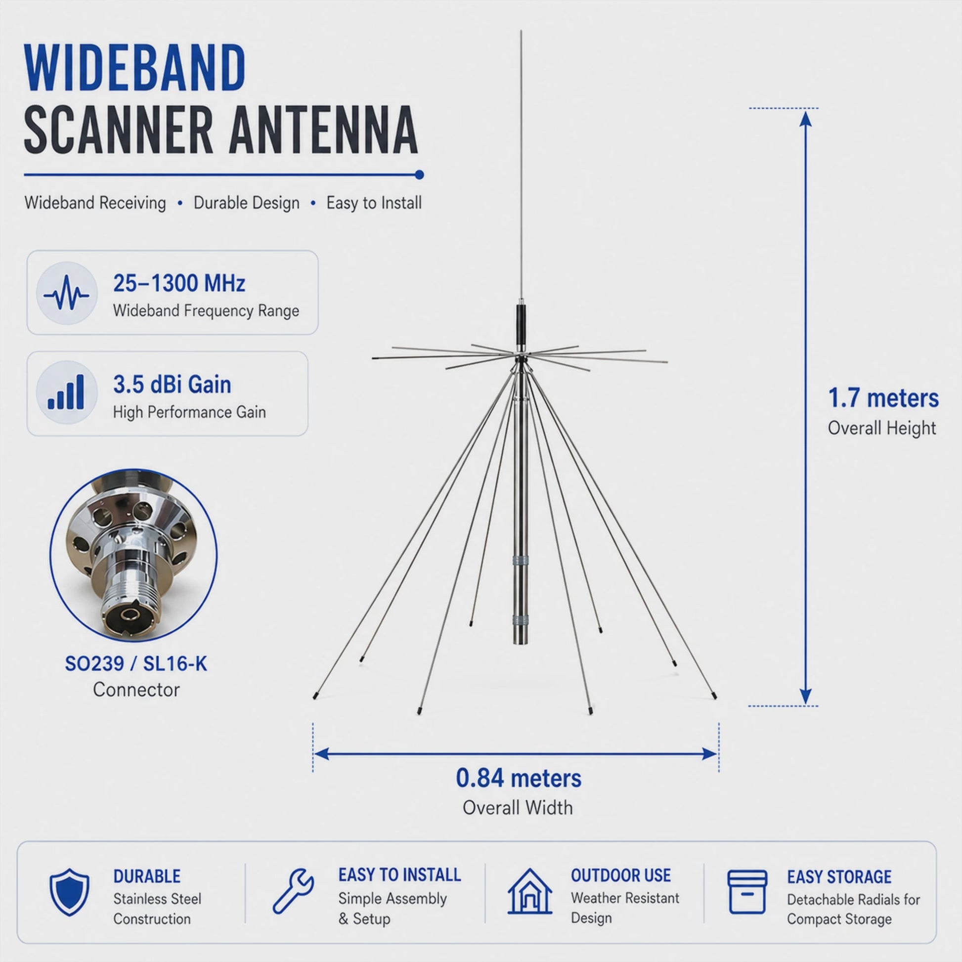 Ultra-Wideband Discone Antenne 25MHz-1300MHz met PL259 Connector
