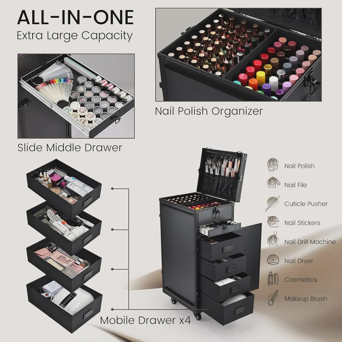 Mobiele Manicure Tafel met 5 Lades & Make-up Trolley - Inklapbaar Werkstation op Wielen
