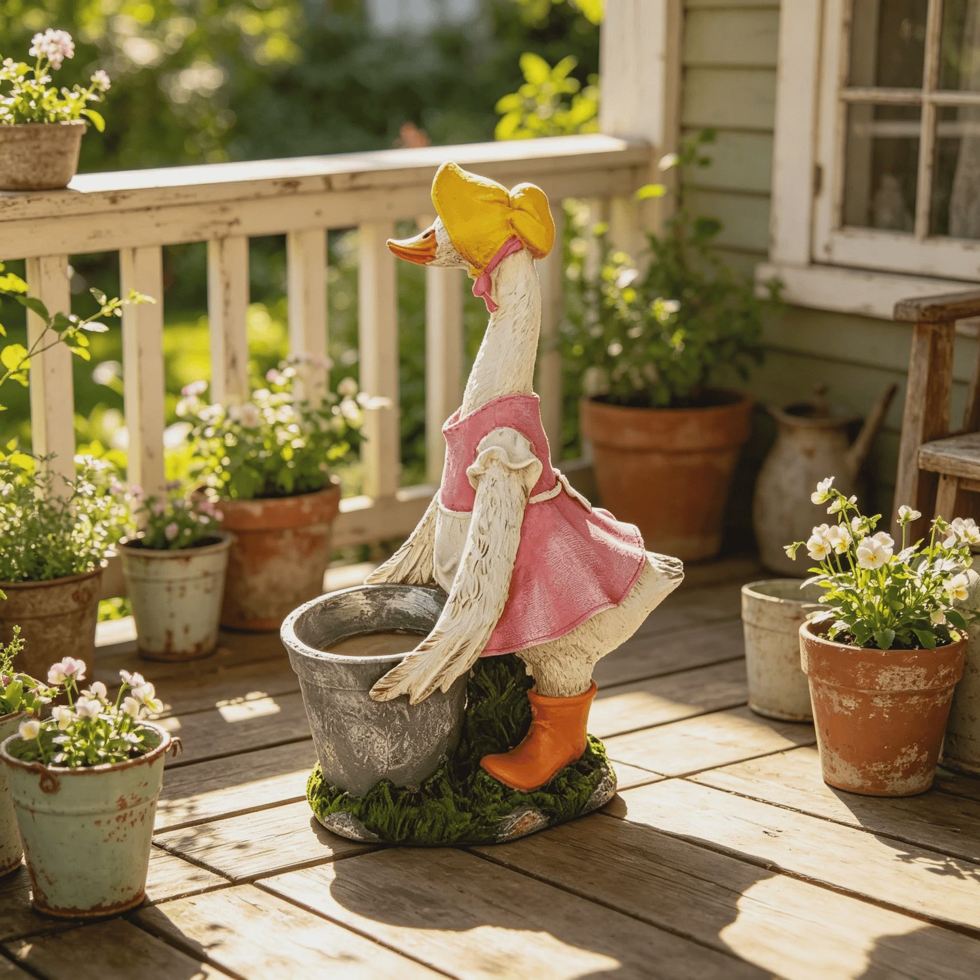Vrolijke Cartoon Eend Tuinbeeld met Planter - 36.5 cm Hars Ornament